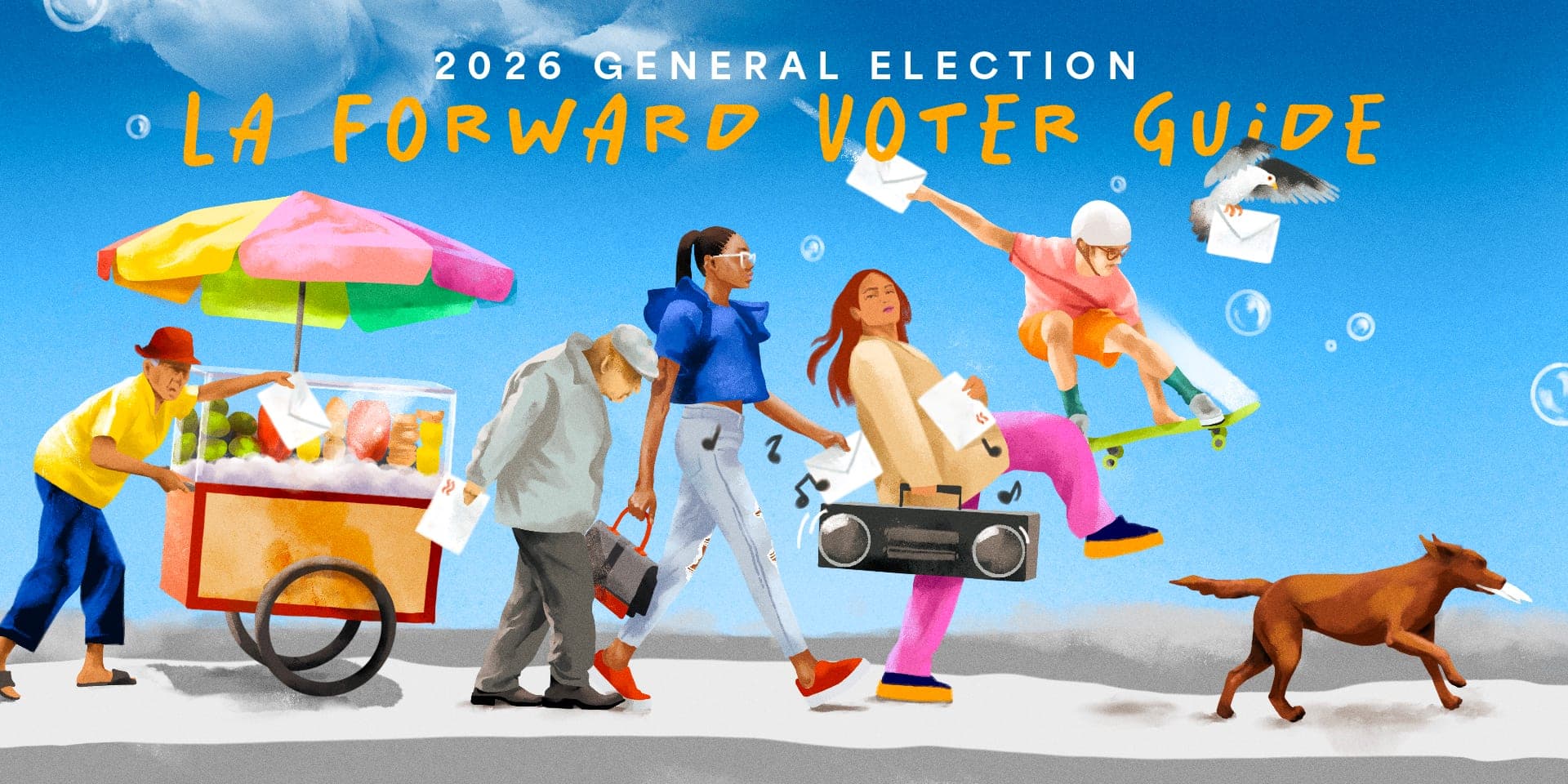 Illustrated banner for the 2026 General Election LA Forward Voter Guide, showing neighbors carrying ballots